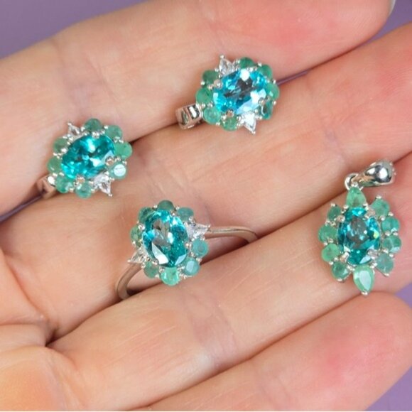 925 Sterling Silver Jewelry Set with Natural Apatite & Emerald - Picture 6 of 11